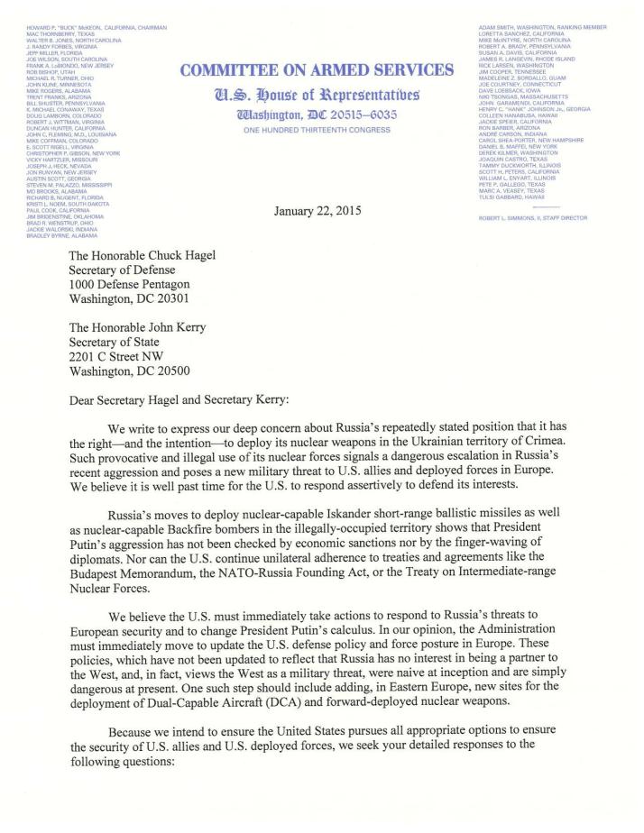 January 22, 2015 Turner, Rogers Letter to Secretary Hagel, Secretary Kerry_1_01